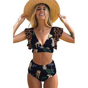 Womens Ruffle High Waist Swimsuit Bikini (Leopard/Black, Large), Size: L